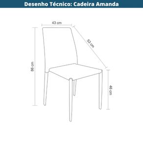 6 Kit 6 Cadeiras Amanda Glam Revestida em PVC Fendi Estrutura Metal Desenho Tecnico
